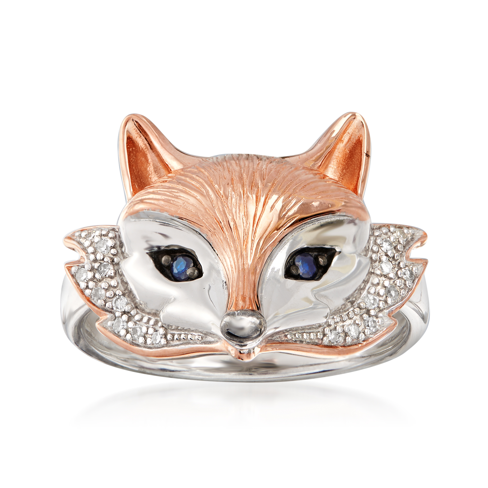 Two-Tone Sterling Silver Fox Ring with Sapphire and Diamond Accents