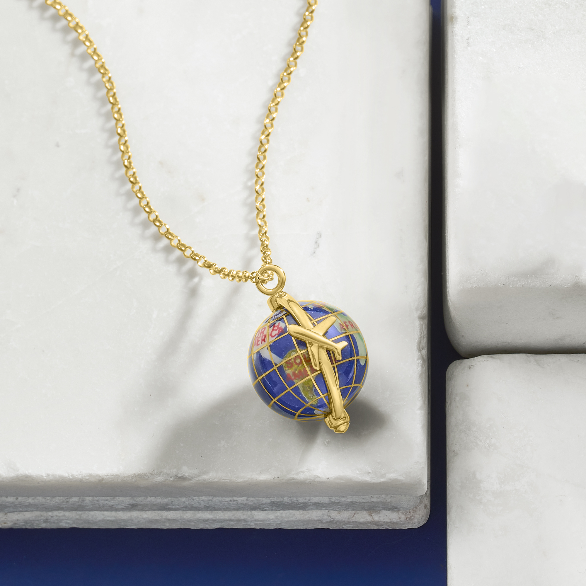 Italian Multi-Gemstone World Travel Globe Necklace in 18kt Gold