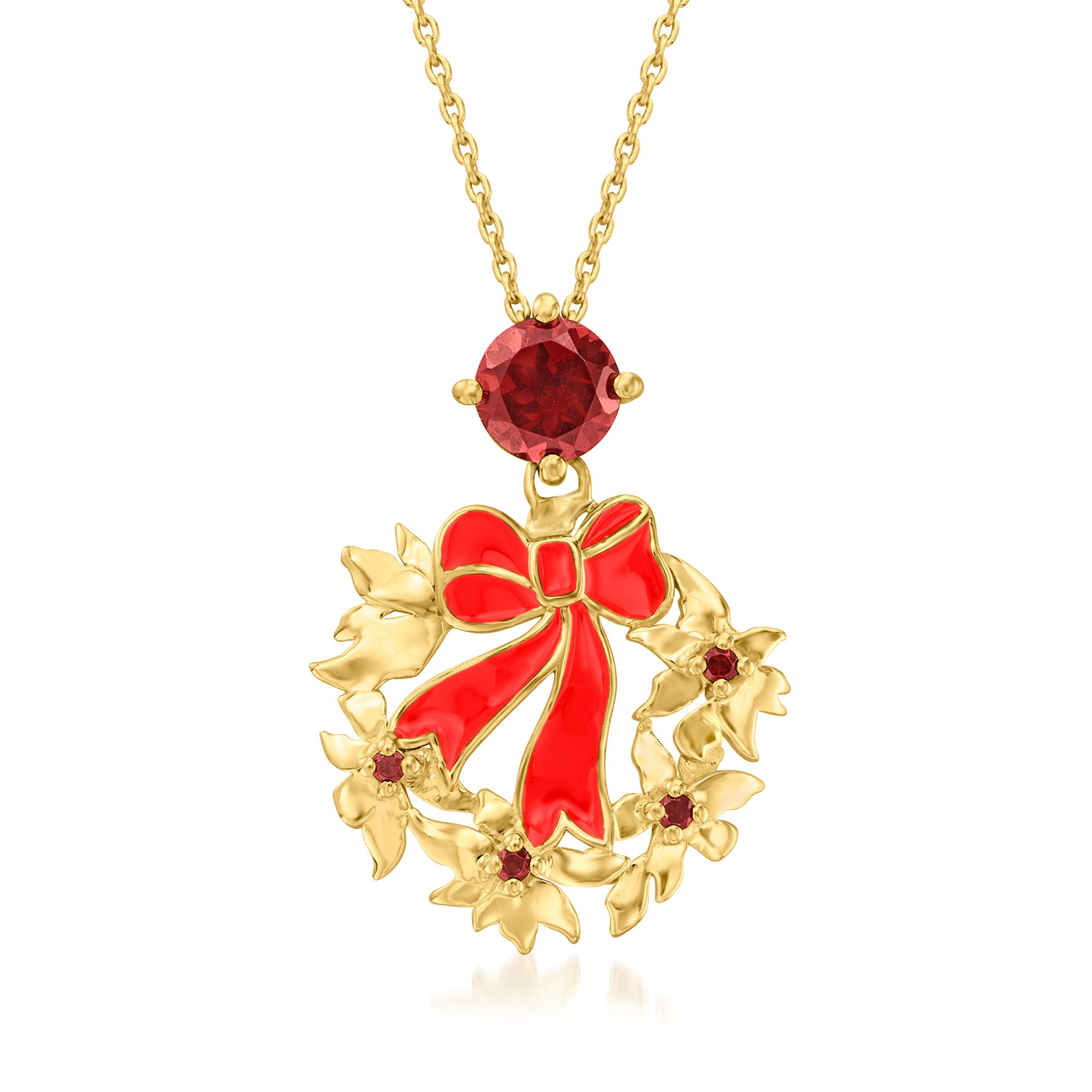 Garnet Christmas Wreath Pendant Necklace in 18kt