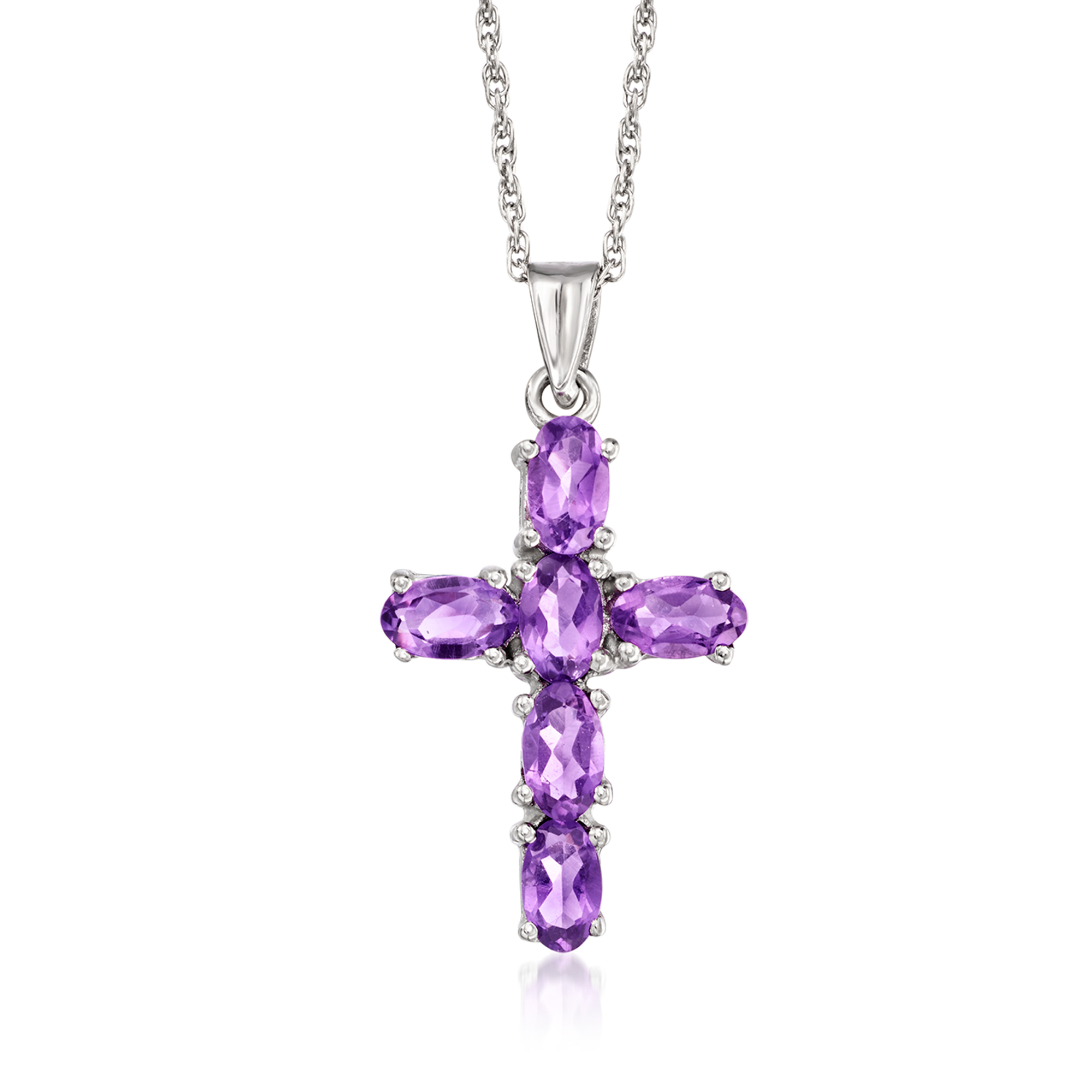 18-Inch Rhodium Plated Necklace with 6mm Light Amethyst Birthstone Beads and Sterling Silver Crucifix Charm.