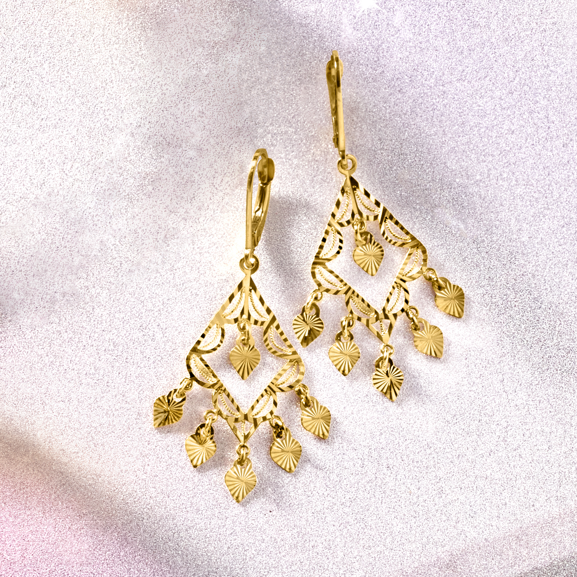 [wingbling] 14K Gold☆Flona natural embroidery Earrings 14kt Yellow Gold Filigree Chandelier Earrings