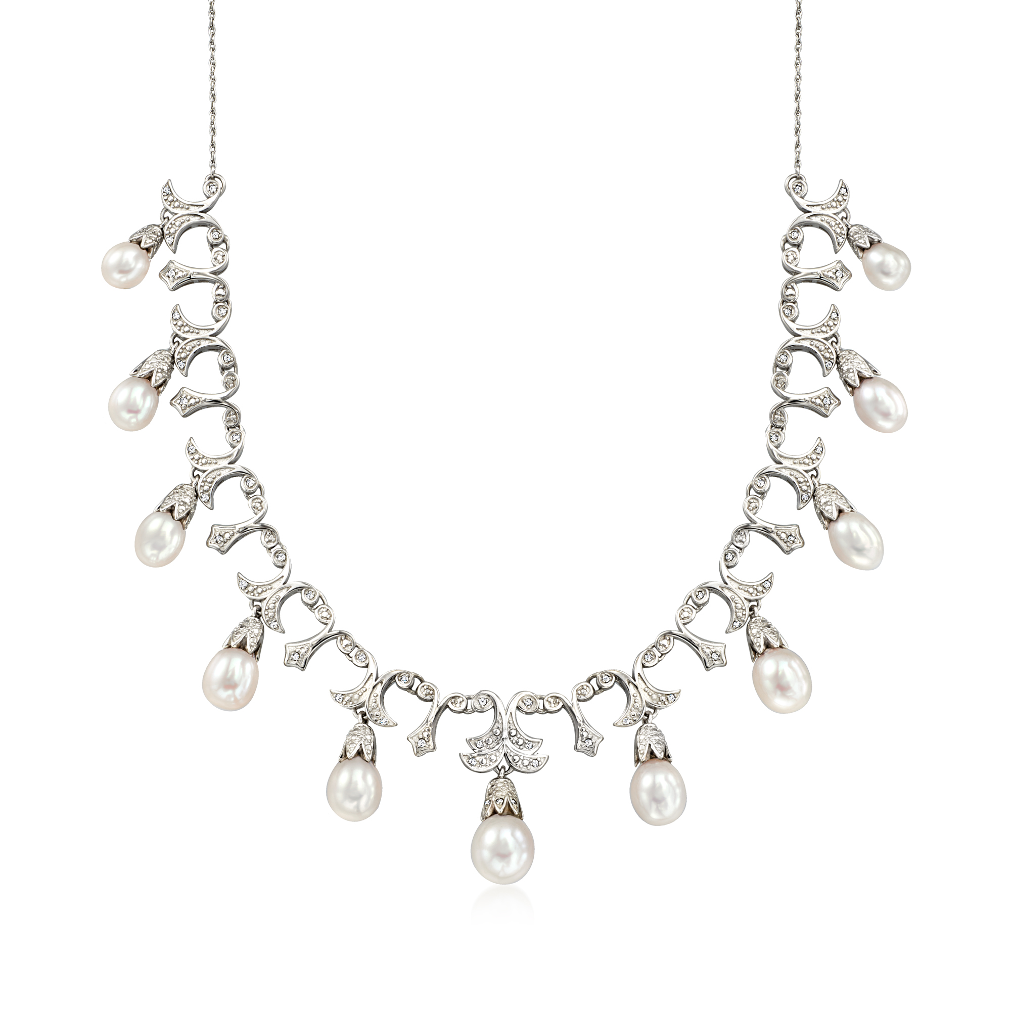 6-9mm Cultured Pearl and .20 ct. t.w. Diamond Necklace in 6-9mm Cultured Pearl and .20 ct. t.w. Diamond Necklace in