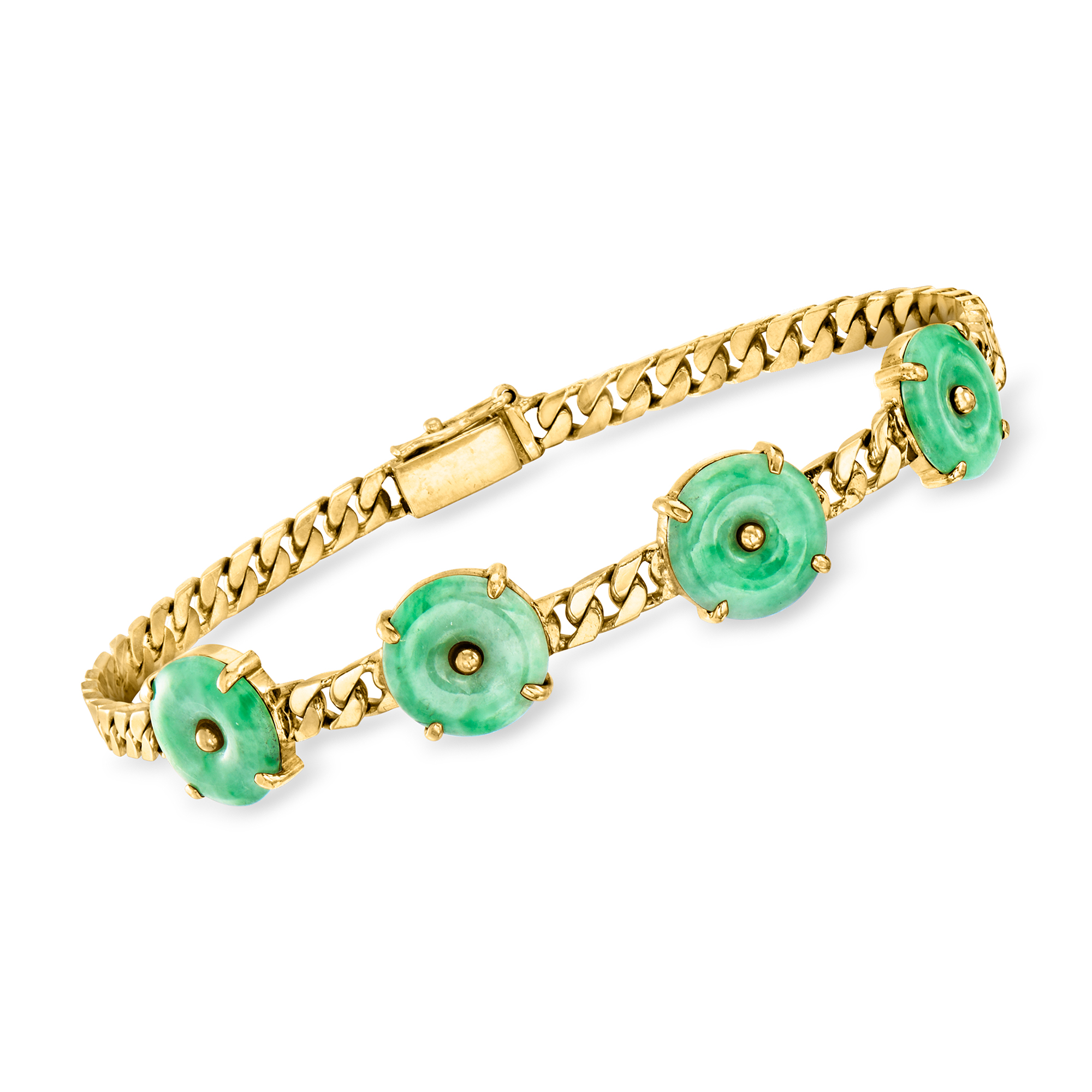 C. 1980 Vintage Jade Disc Station Bracelet in 18kt Yellow Gold